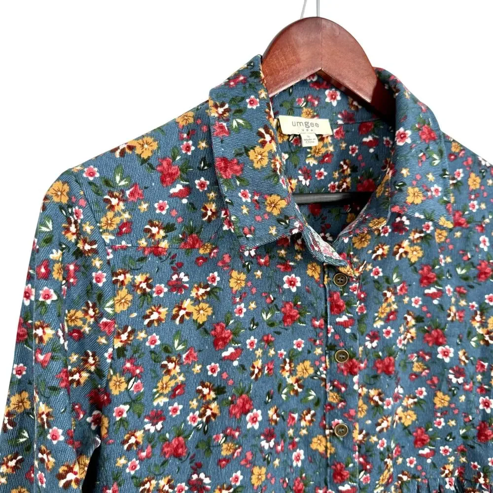 UMGEE Sz Small Floral Corduroy Dress Long Sleeve Fall Winter Autumn Artsy Blue - Picture 3 of 9